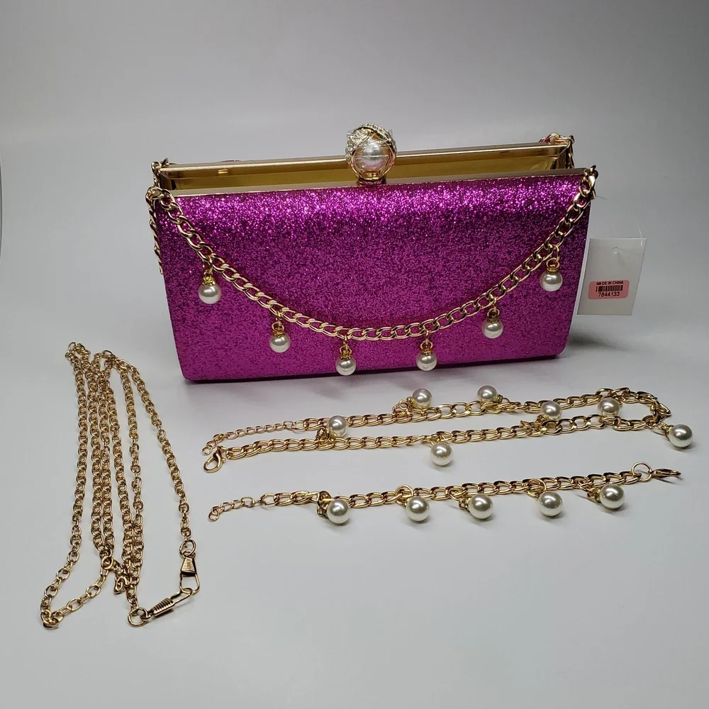 Fucshia Sparkly Clutch Bag With Necklace and Bracelet Set NWT